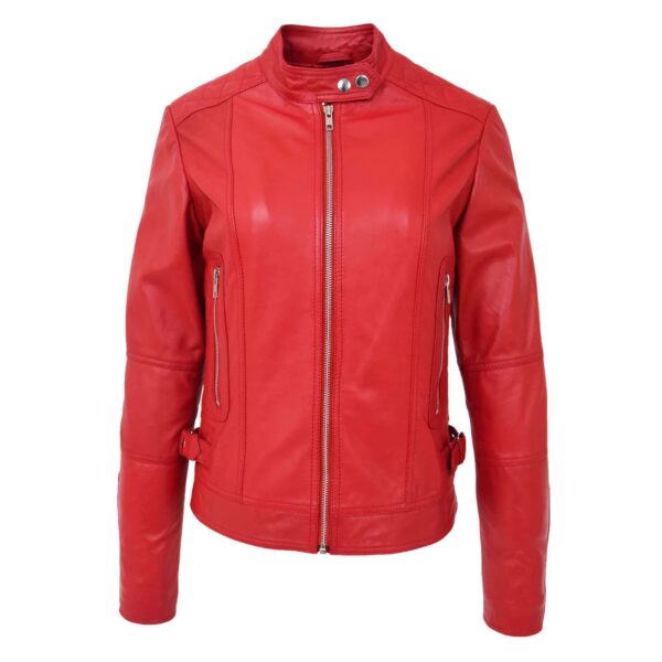 WeeBroz Women's Red Soft Leather Biker Jacket Soft Casual Zip Biker Style - Image 1