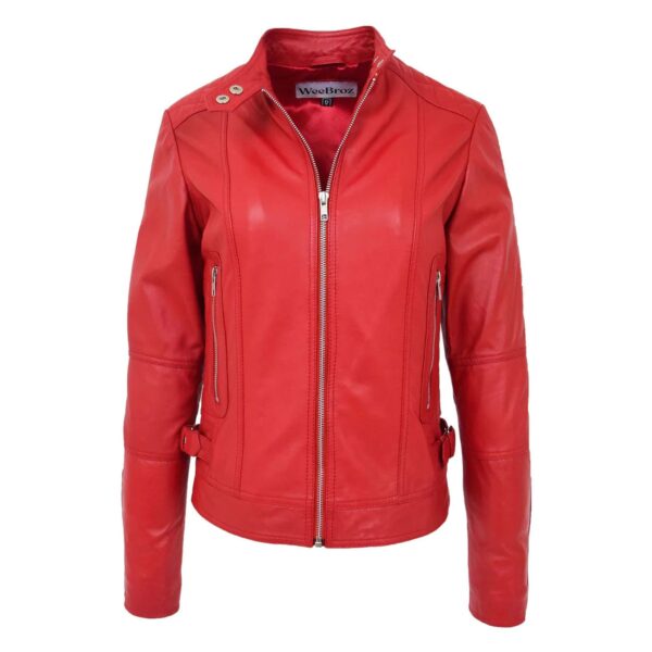 WeeBroz Women's Red Soft Leather Biker Jacket Soft Casual Zip Biker Style - Image 3