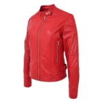 WeeBroz Women's Red Soft Leather Biker Jacket Soft Casual Zip Biker Style - Image 4