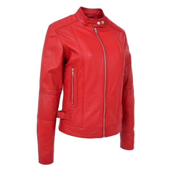 WeeBroz Women's Red Soft Leather Biker Jacket Soft Casual Zip Biker Style - Image 5