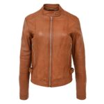 WeeBroz Women's Tan Leather Biker Jacket Soft Casual Zip Style