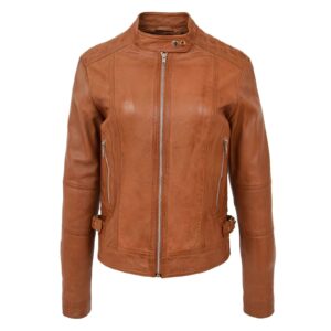 WeeBroz Women's Tan Leather Biker Jacket Soft Casual Zip Style