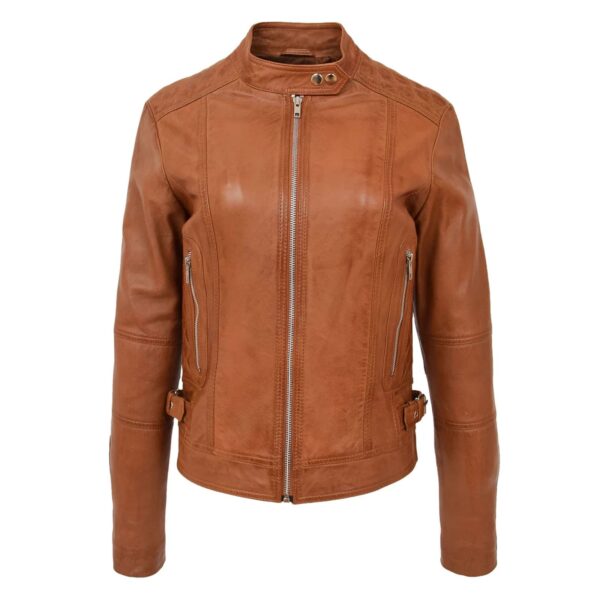 WeeBroz Women's Tan Leather Biker Jacket Soft Casual Zip Style - Image 1