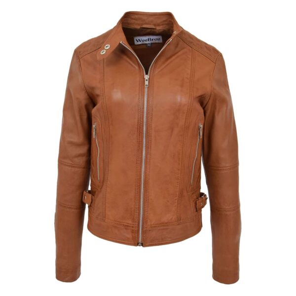 WeeBroz Women's Tan Leather Biker Jacket Soft Casual Zip Style - Image 3