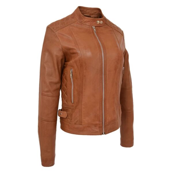 WeeBroz Women's Tan Leather Biker Jacket Soft Casual Zip Style - Image 4