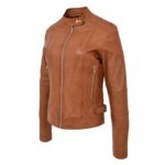 WeeBroz Women's Tan Leather Biker Jacket Soft Casual Zip Style - Image 5