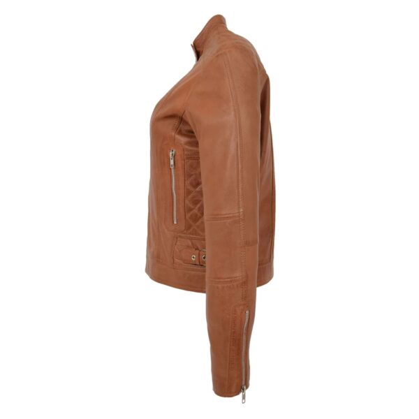 WeeBroz Women's Tan Leather Biker Jacket Soft Casual Zip Style - Image 6