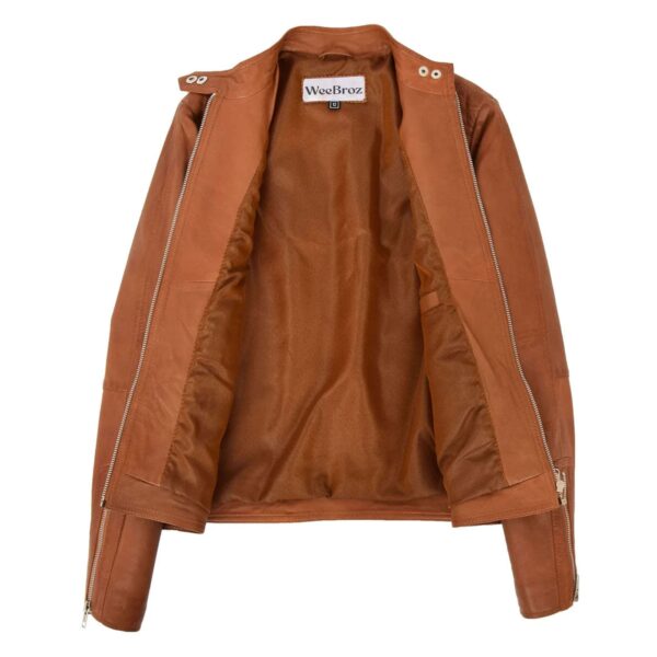 WeeBroz Women's Tan Leather Biker Jacket Soft Casual Zip Style - Image 7
