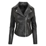 WeeBroz Women's Black Soft Leather Biker Jacket Cross Zip Style