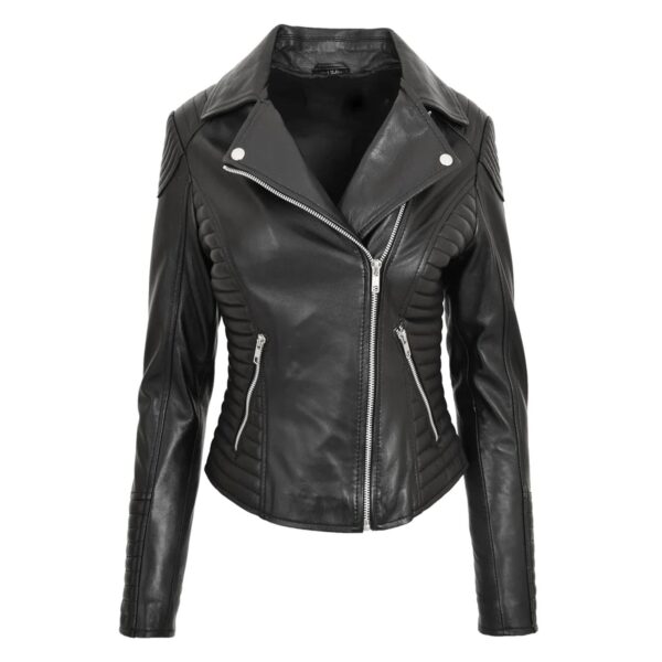 WeeBroz Women's Black Soft Leather Biker Jacket Cross Zip Style - Image 1