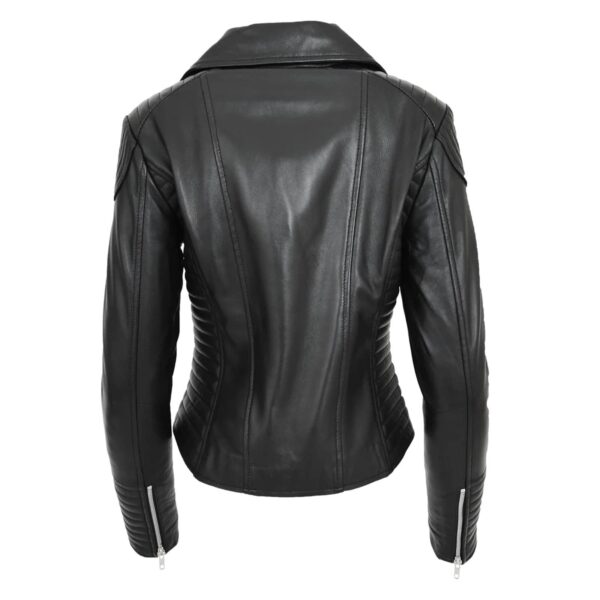 WeeBroz Women's Black Soft Leather Biker Jacket Cross Zip Style - Image 2