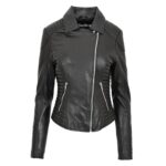 WeeBroz Women's Black Soft Leather Biker Jacket Cross Zip Style - Image 3