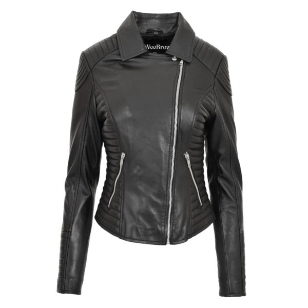 WeeBroz Women's Black Soft Leather Biker Jacket Cross Zip Style - Image 3