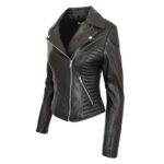 WeeBroz Women's Black Soft Leather Biker Jacket Cross Zip Style - Image 4