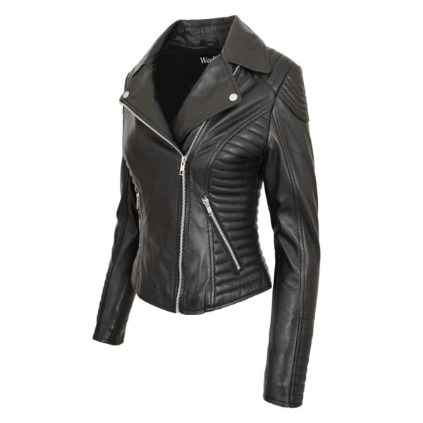 WeeBroz Women's Black Soft Leather Biker Jacket Cross Zip Style - Image 4