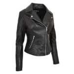 WeeBroz Women's Black Soft Leather Biker Jacket Cross Zip Style - Image 5