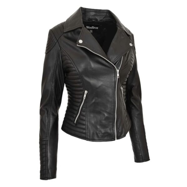 WeeBroz Women's Black Soft Leather Biker Jacket Cross Zip Style - Image 5