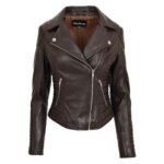 WeeBroz Women's Brown Soft Leather Biker Jacket Cross Zip Style