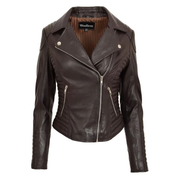 WeeBroz Women's Brown Soft Leather Biker Jacket Cross Zip Style - Image 1