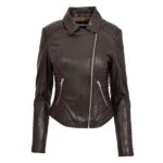 WeeBroz Women's Brown Soft Leather Biker Jacket Cross Zip Style - Image 3