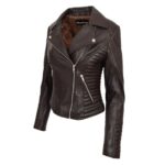 WeeBroz Women's Brown Soft Leather Biker Jacket Cross Zip Style - Image 4