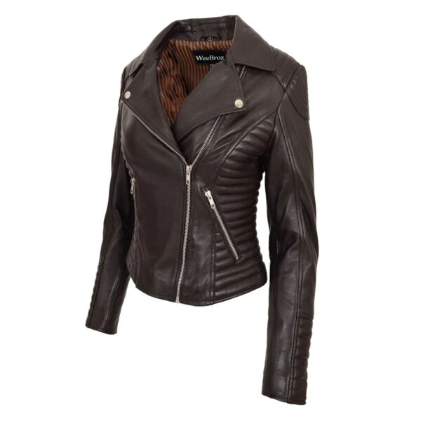 WeeBroz Women's Brown Soft Leather Biker Jacket Cross Zip Style - Image 4