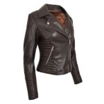WeeBroz Women's Brown Soft Leather Biker Jacket Cross Zip Style - Image 5
