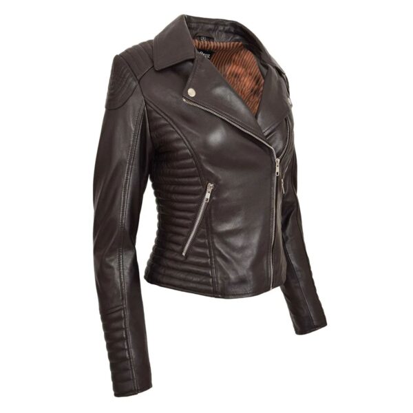 WeeBroz Women's Brown Soft Leather Biker Jacket Cross Zip Style - Image 5