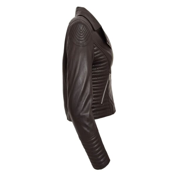 WeeBroz Women's Brown Soft Leather Biker Jacket Cross Zip Style - Image 6
