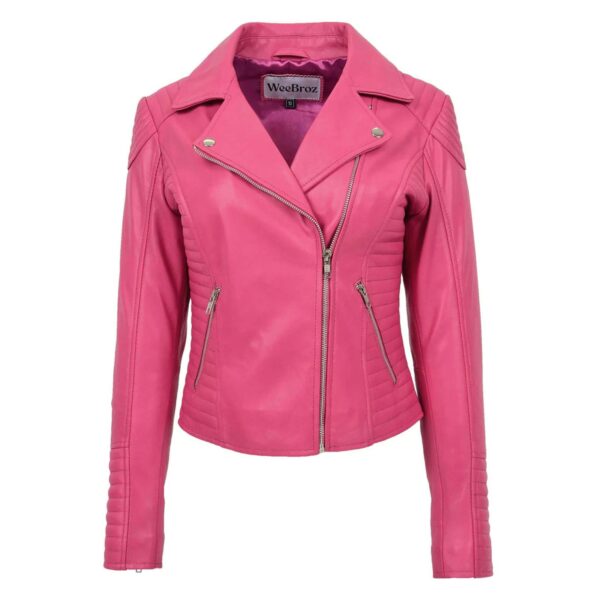 WeeBroz Women's Pink Soft Leather Biker Jacket Classic Biker Style - Image 1