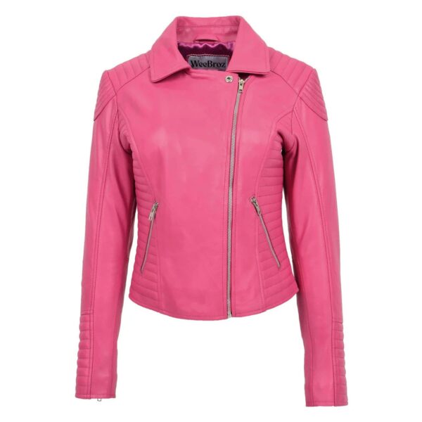 WeeBroz Women's Pink Soft Leather Biker Jacket Classic Biker Style - Image 3