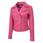 WeeBroz Women's Pink Soft Leather Biker Jacket Classic Biker Style - Image 4