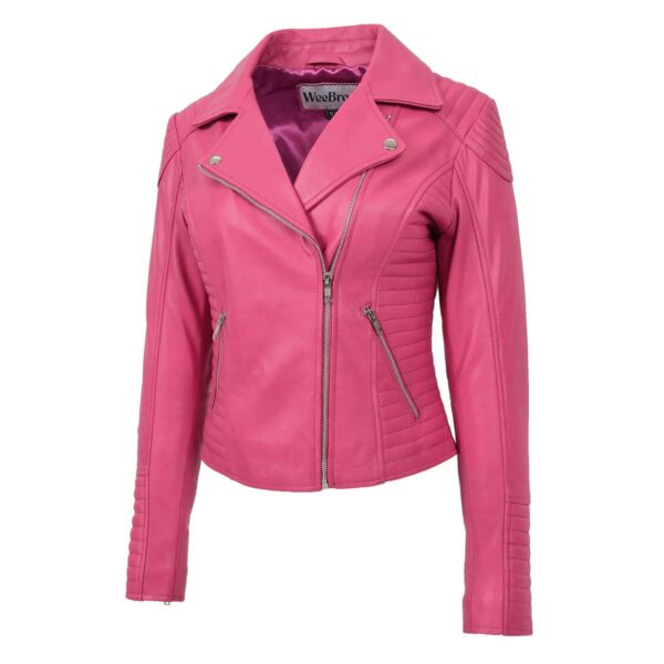 WeeBroz Women's Pink Soft Leather Biker Jacket Classic Biker Style - Image 4