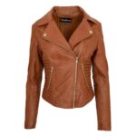 WeeBroz Women's Tan Soft Leather Biker Jacket Asymmetric Zip Style