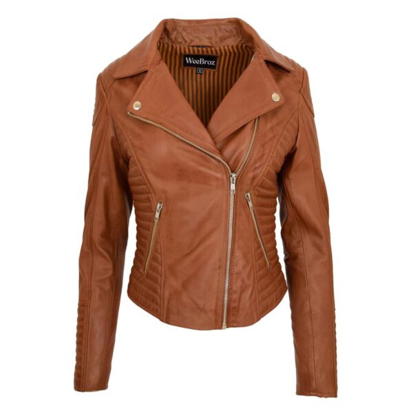 WeeBroz Women's Tan Soft Leather Biker Jacket Asymmetric Zip Style - Image 1