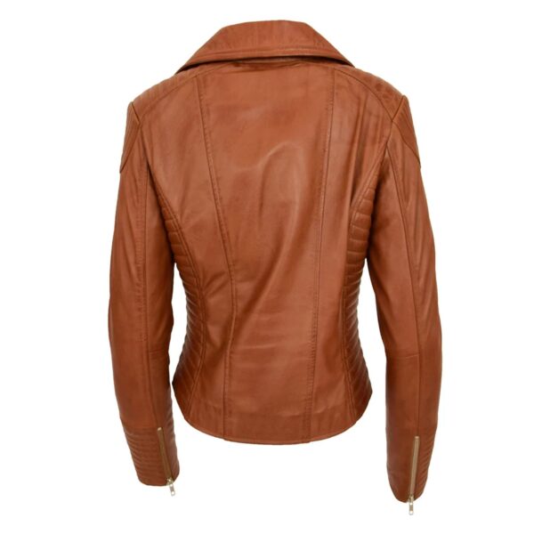 WeeBroz Women's Tan Soft Leather Biker Jacket Asymmetric Zip Style - Image 2