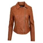 WeeBroz Women's Tan Soft Leather Biker Jacket Asymmetric Zip Style - Image 3