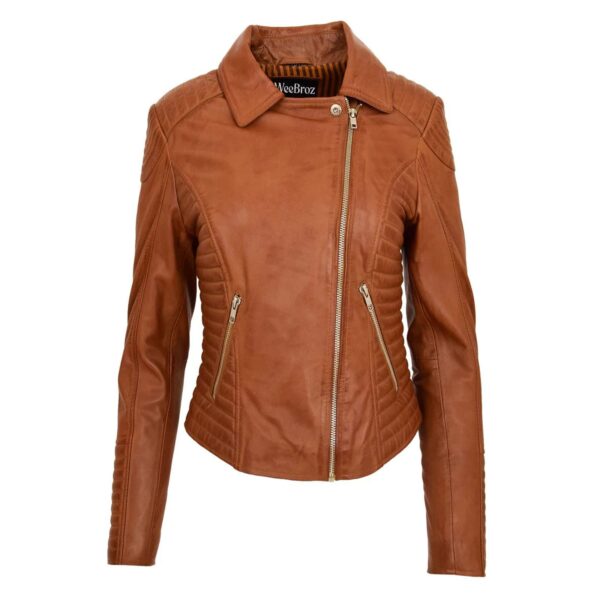 WeeBroz Women's Tan Soft Leather Biker Jacket Asymmetric Zip Style - Image 3
