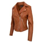 WeeBroz Women's Tan Soft Leather Biker Jacket Asymmetric Zip Style - Image 4