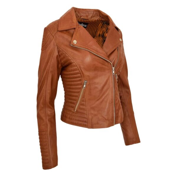 WeeBroz Women's Tan Soft Leather Biker Jacket Asymmetric Zip Style - Image 5