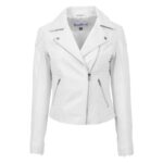 WeeBroz Women's White Soft Leather Biker Jacket Cross Zip Style