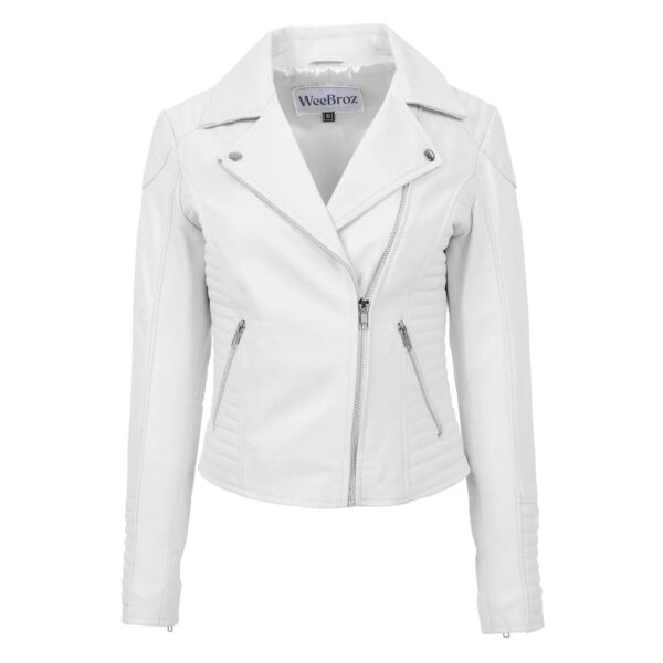 WeeBroz Women's White Soft Leather Biker Jacket Cross Zip Style - Image 1