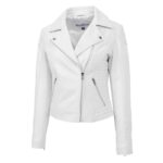 WeeBroz Women's White Soft Leather Biker Jacket Cross Zip Style - Image 3