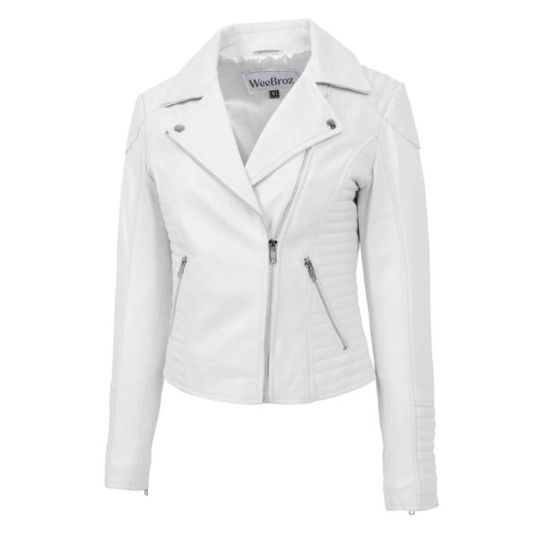 WeeBroz Women's White Soft Leather Biker Jacket Cross Zip Style - Image 3