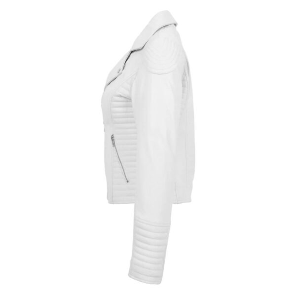 WeeBroz Women's White Soft Leather Biker Jacket Cross Zip Style - Image 4