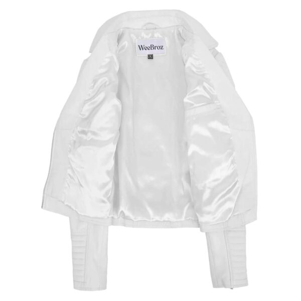 WeeBroz Women's White Soft Leather Biker Jacket Cross Zip Style - Image 5