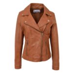 WeeBroz Women's Tan Leather Biker Jacket Asymmetrical Zip Style
