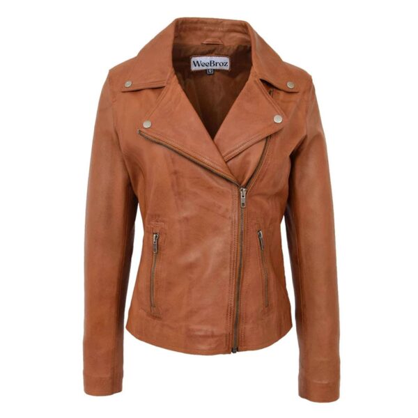 WeeBroz Women's Tan Leather Biker Jacket Asymmetrical Zip Style - Image 1