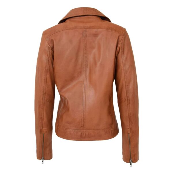 WeeBroz Women's Tan Leather Biker Jacket Asymmetrical Zip Style - Image 2