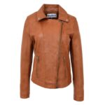 WeeBroz Women's Tan Leather Biker Jacket Asymmetrical Zip Style - Image 3